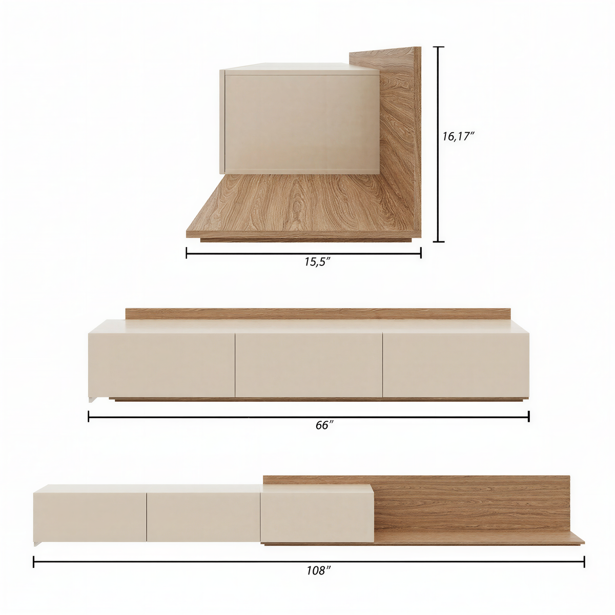 Noa Extendable TV Console in Kiss Curl & Morning Dew – dimensions diagram