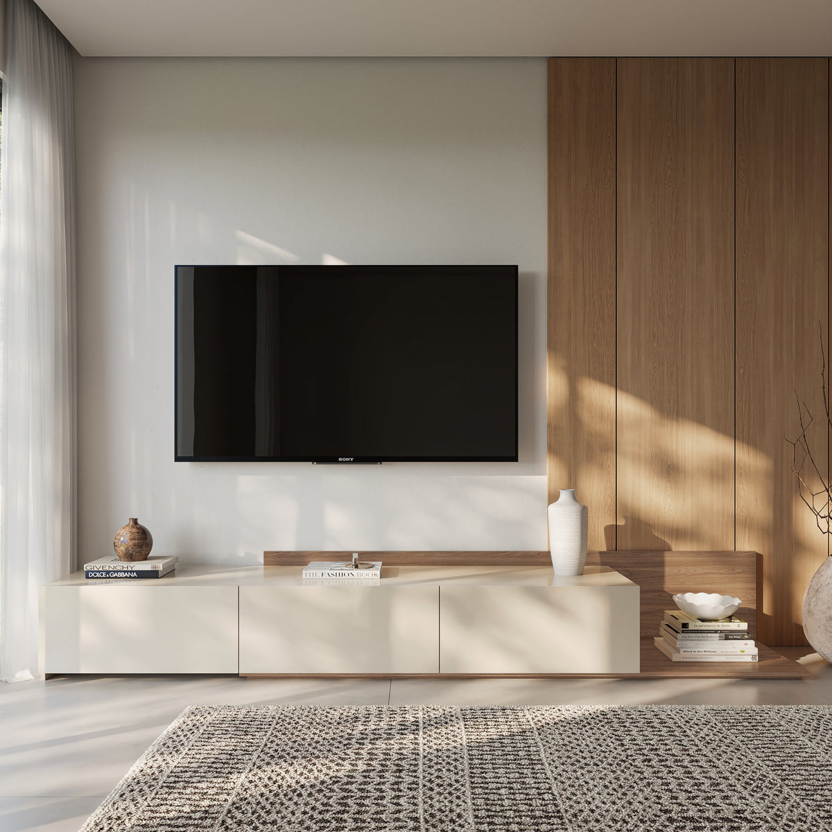 Noa Extendable TV Console in Kiss Curl & Morning Dew – lifestyle photo