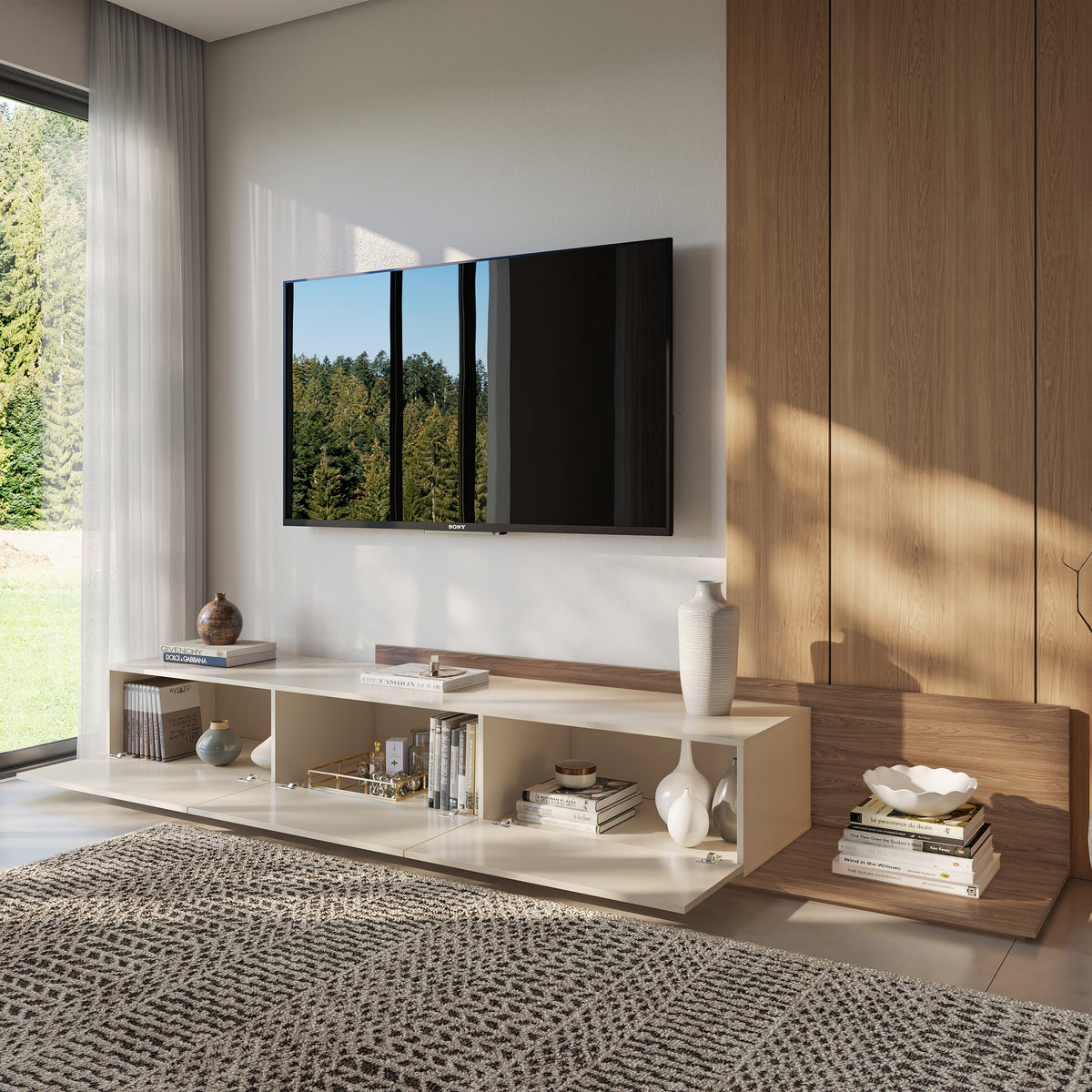 Noa Extendable TV Console in Kiss Curl & Morning Dew – lifestyle photo 3