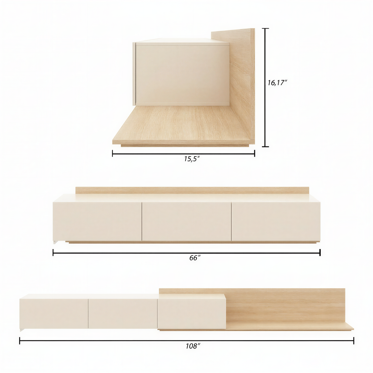 Noa Extendable TV Console in Natural Blonde Oak & Morning Dew – dimensions diagram