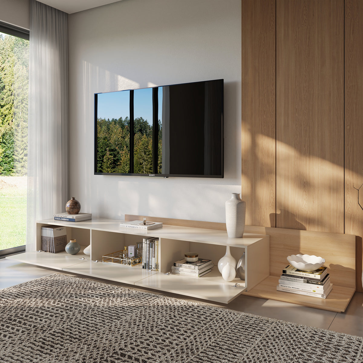 Noa Extendable TV Console in Natural Blonde Oak & Morning Dew – lifestyle photo 3