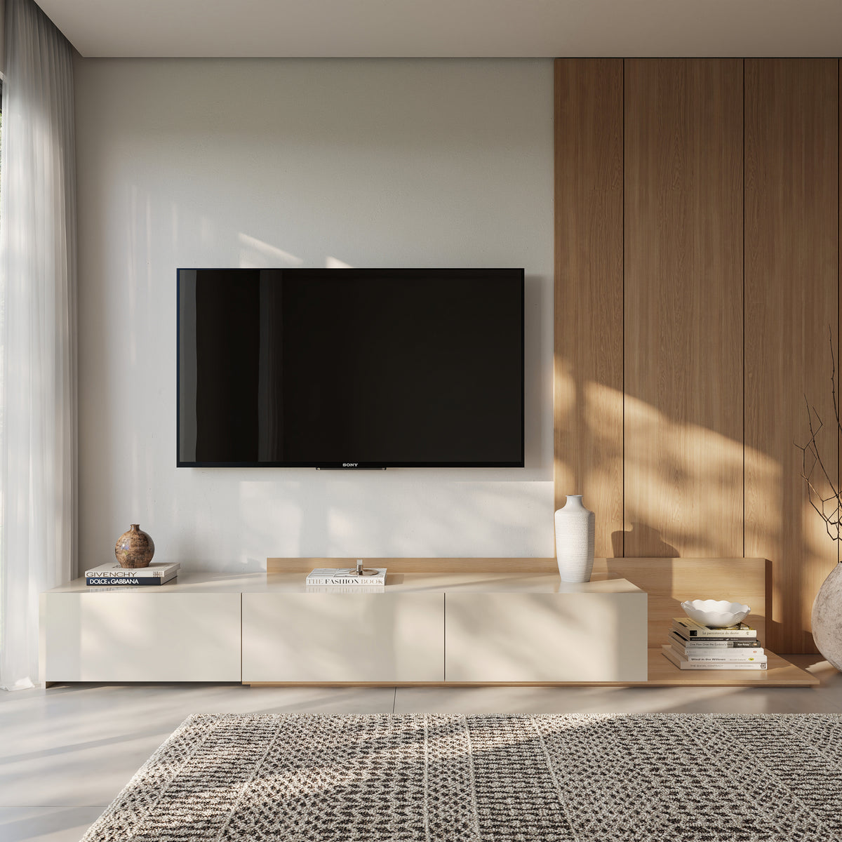 Noa Extendable TV Console in Natural Blonde Oak & Morning Dew – lifestyle photo