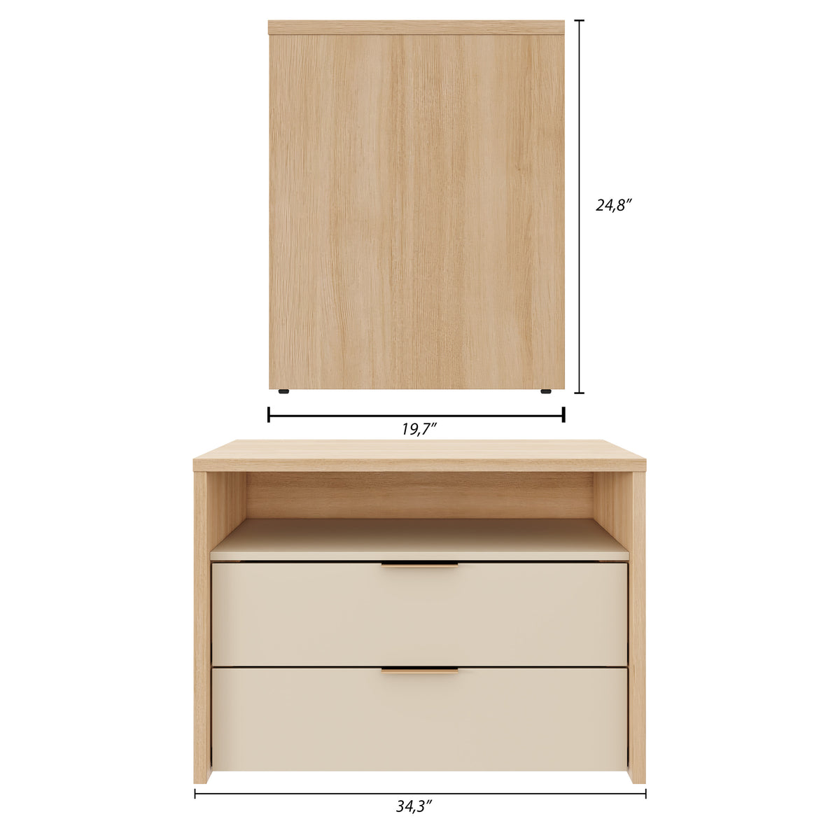 Noma 2-Drawer Storage Cabinet in Natural Blonde Oak & Morning Dew – dimensions diagram