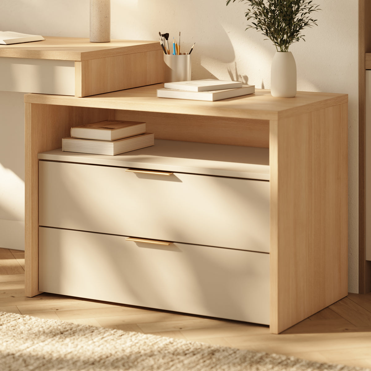 Noma 2-Drawer Storage Cabinet in Natural Blonde Oak & Morning Dew – lifestyle photo 2