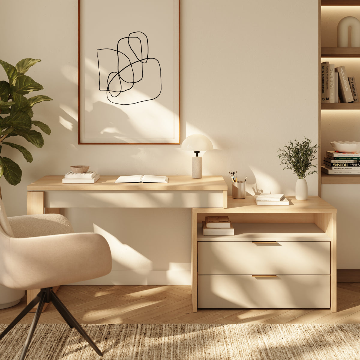 Noma Writing Desk in Natural Blonde Oak & Morning Dew – lifestyle photo