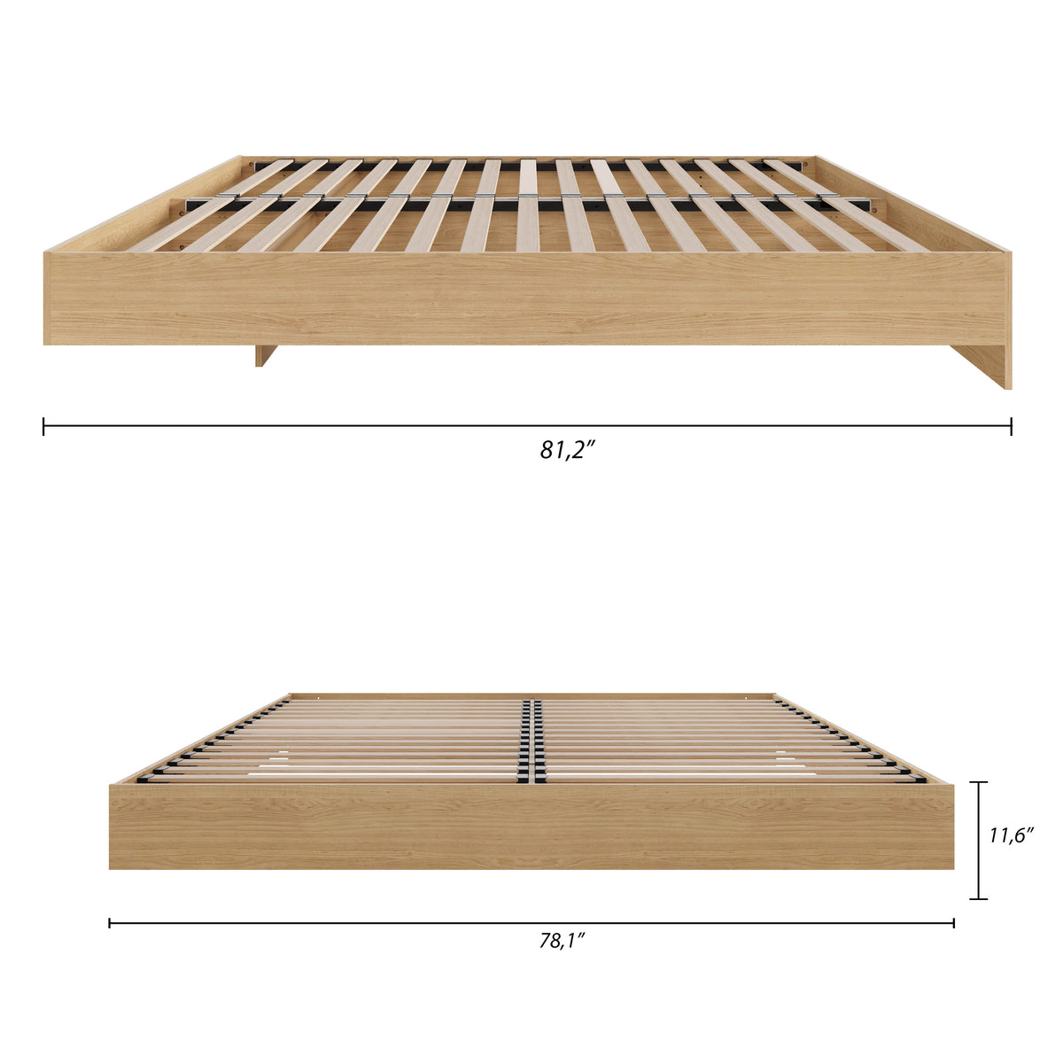 Platform Bed Frame, King in Natural Maple, King – dimensions diagram