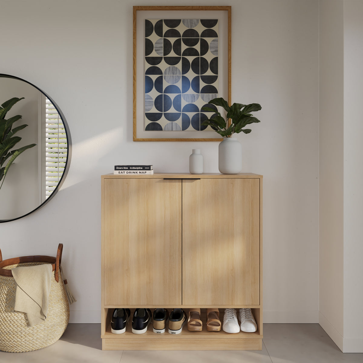 Porto Entry Cabinet in Golden Maple – lifestyle photo