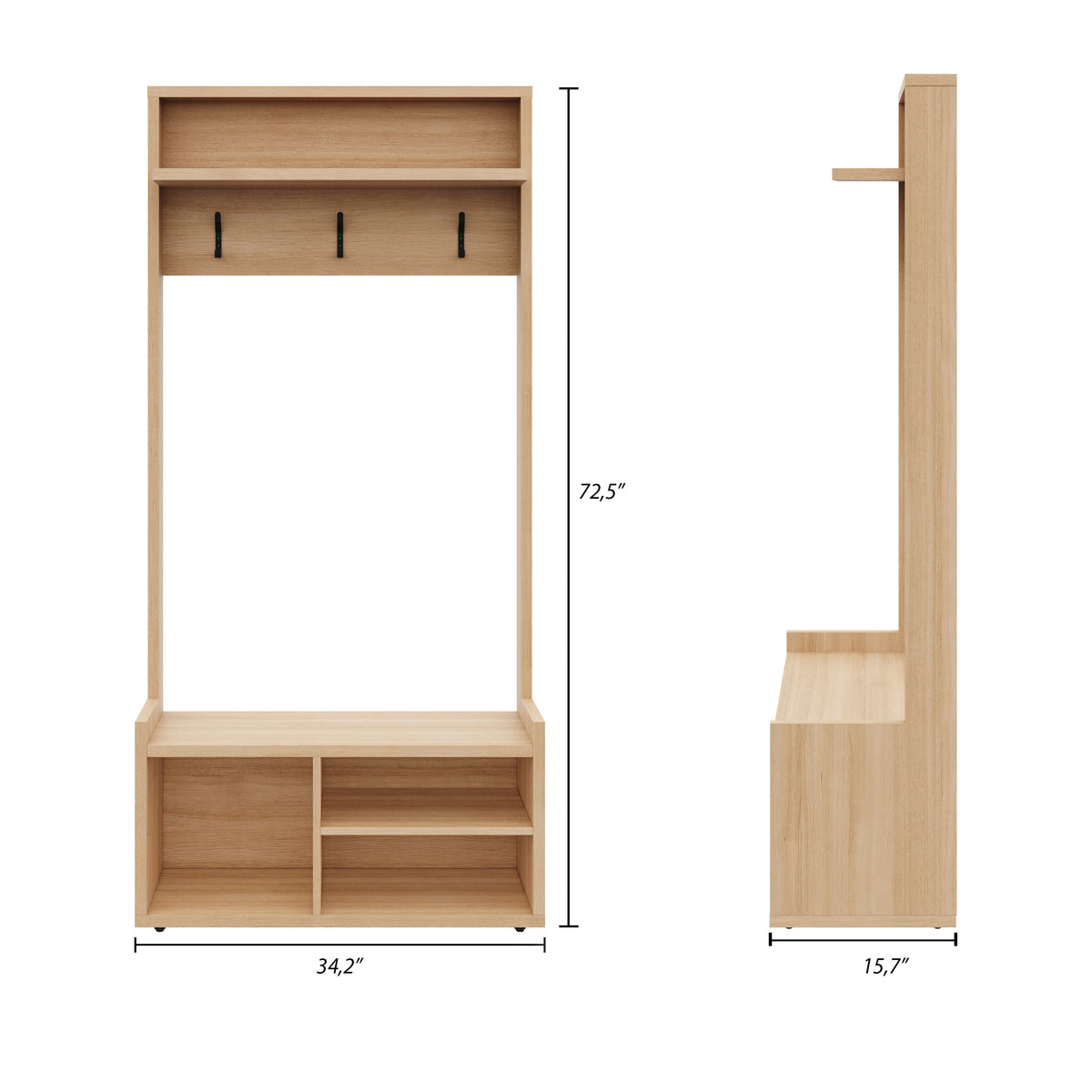 Porto Entryway Hall Tree in Golden Maple – dimensions diagram