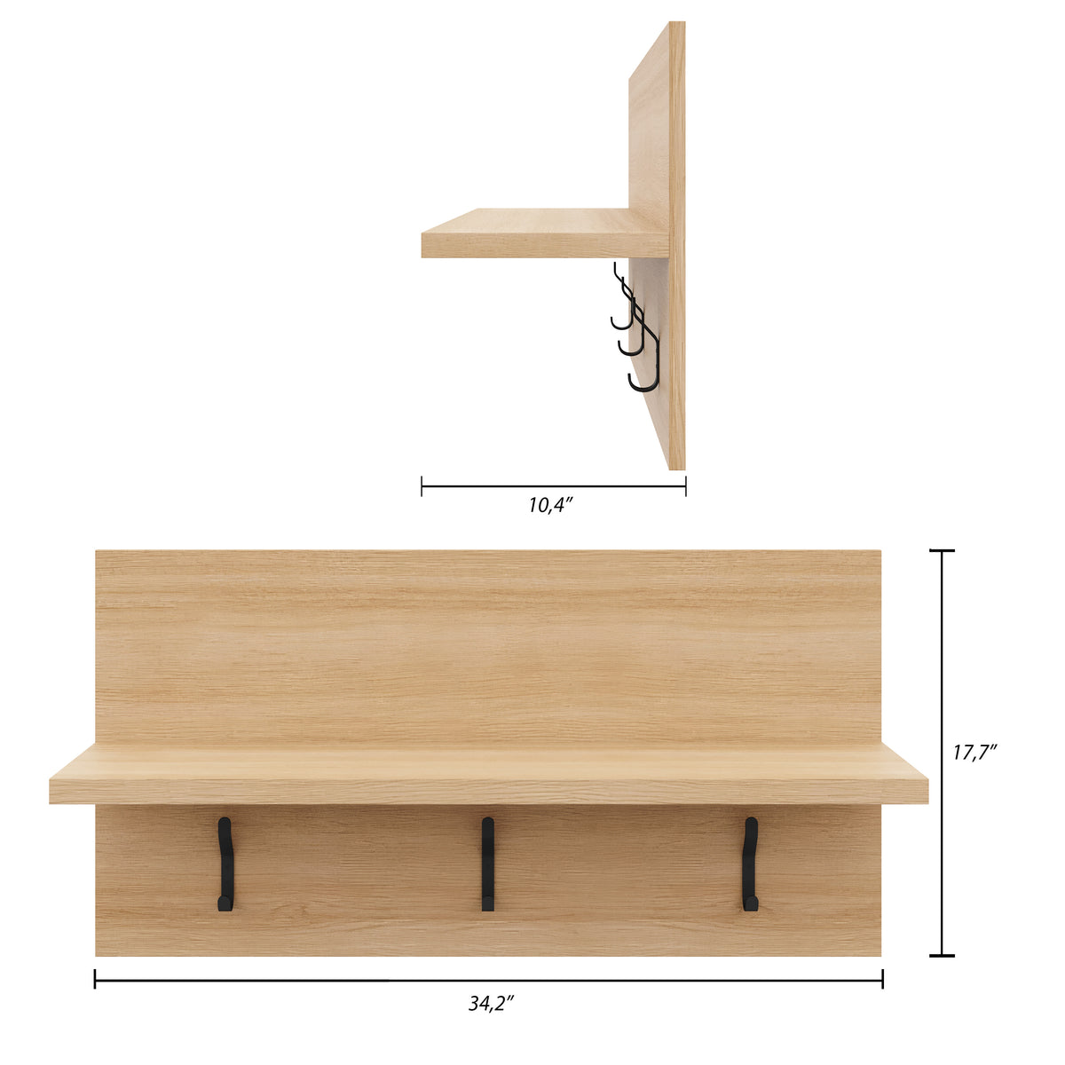Porto Entryway Wall-Mounted Coat Rack in Golden Maple – dimensions diagram