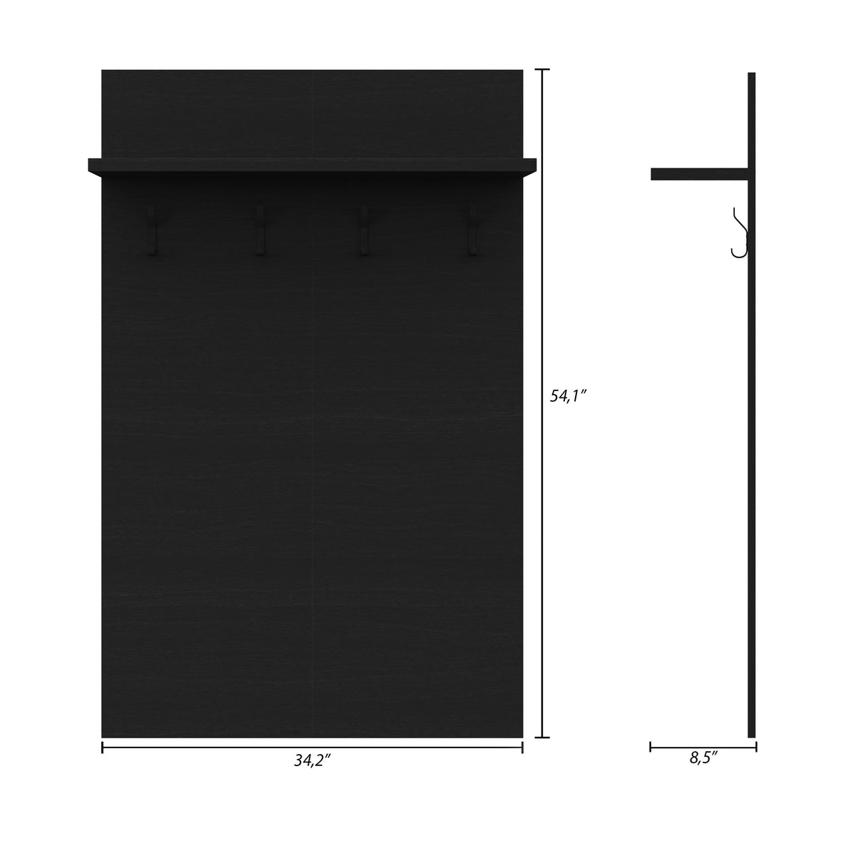 Porto Entryway Wall-Mounted Coat Rack with Shelf in Black Karisma – dimensions diagram