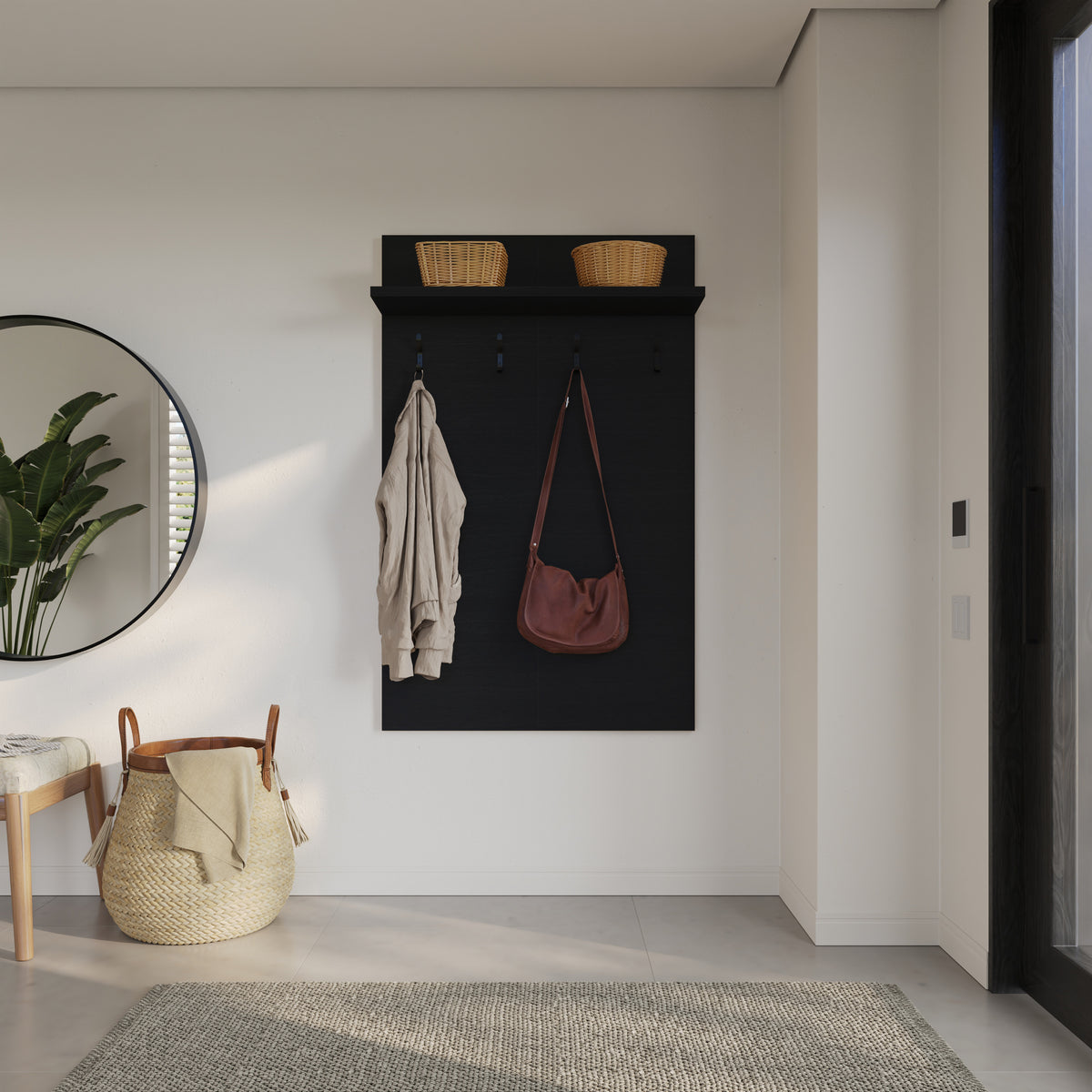 Porto Entryway Wall-Mounted Coat Rack with Shelf in Black Karisma – lifestyle photo