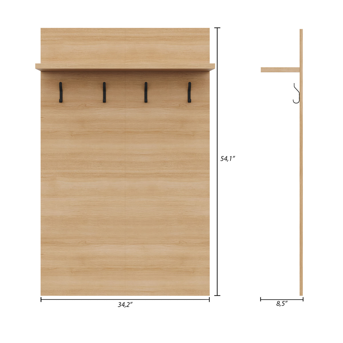 Porto Entryway Wall-Mounted Coat Rack with Shelf in Golden Maple – dimensions diagram