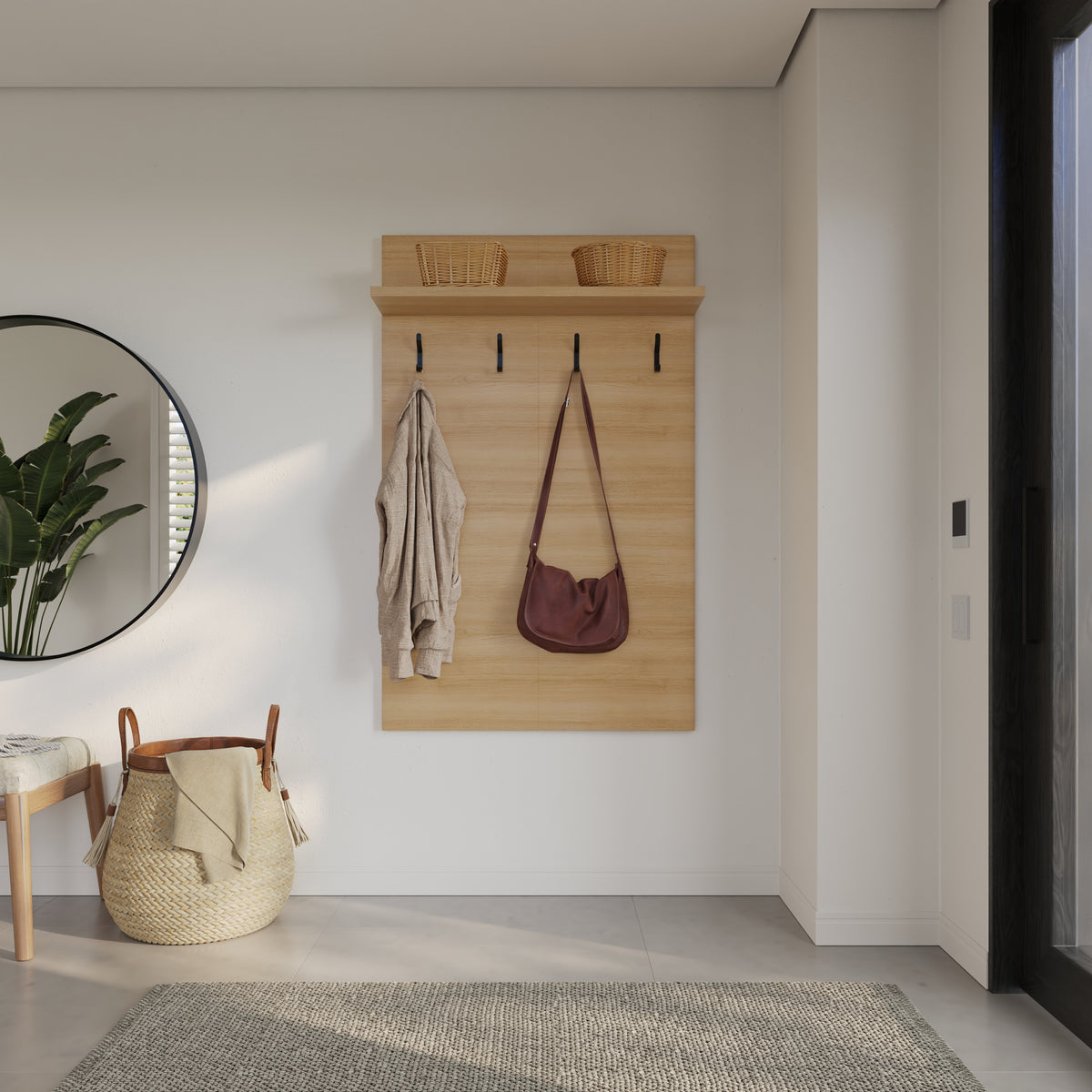 Porto Entryway Wall-Mounted Coat Rack with Shelf in Golden Maple – lifestyle photo