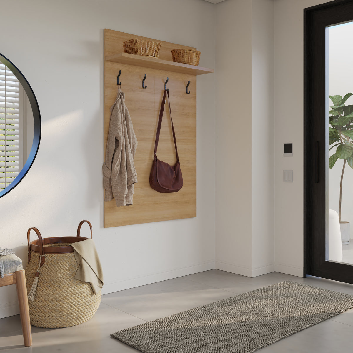 Porto Entryway Wall-Mounted Coat Rack with Shelf in Golden Maple – lifestyle photo 2