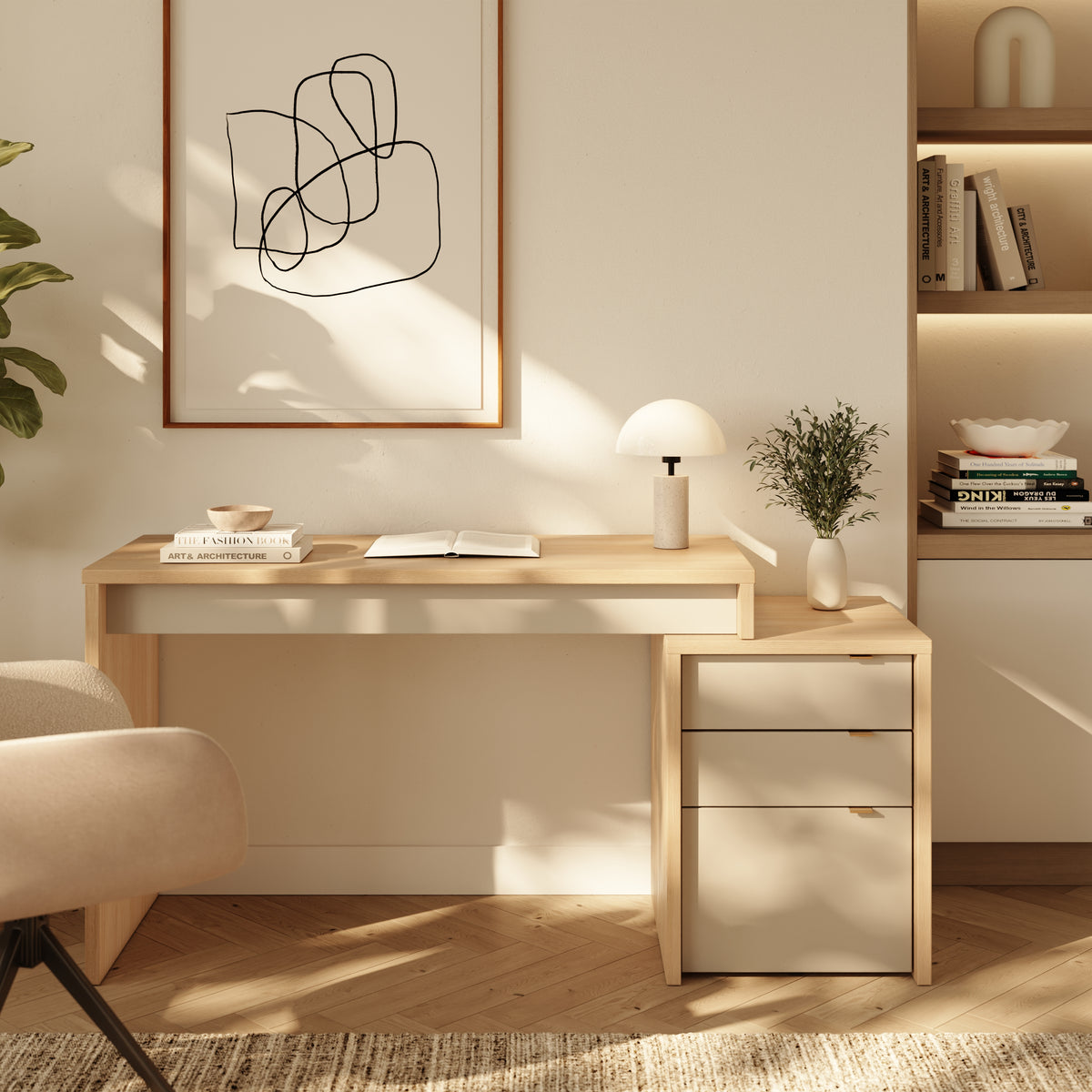 Reversible Desk Panel For Home Office in Natural Blonde Oak & Morning Dew – lifestyle photo