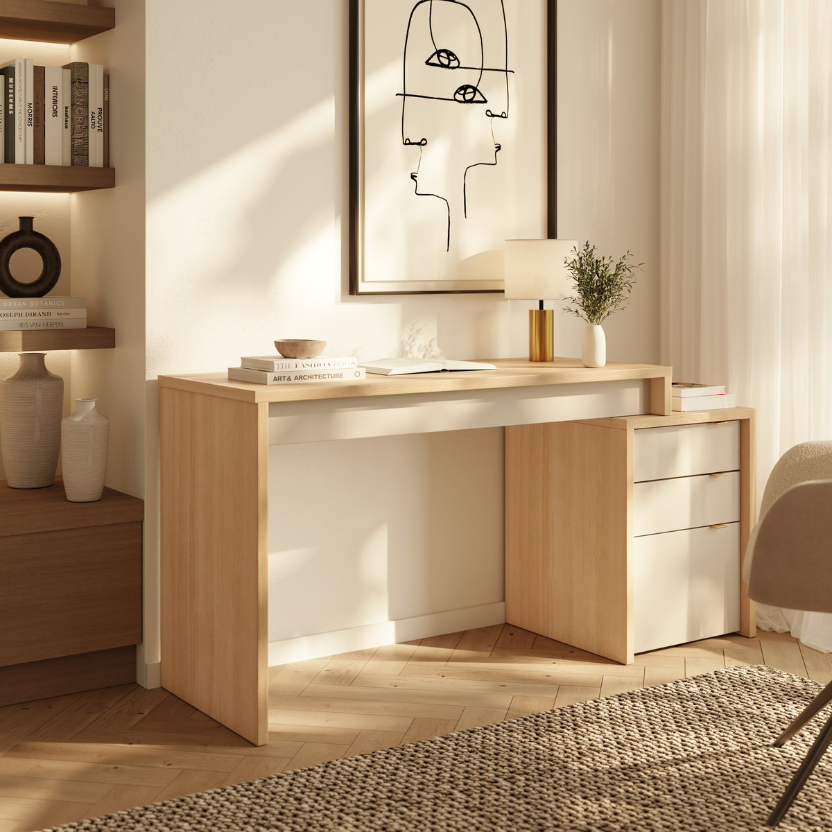 Reversible Desk Panel For Home Office in Natural Blonde Oak & Morning Dew – lifestyle photo 2
