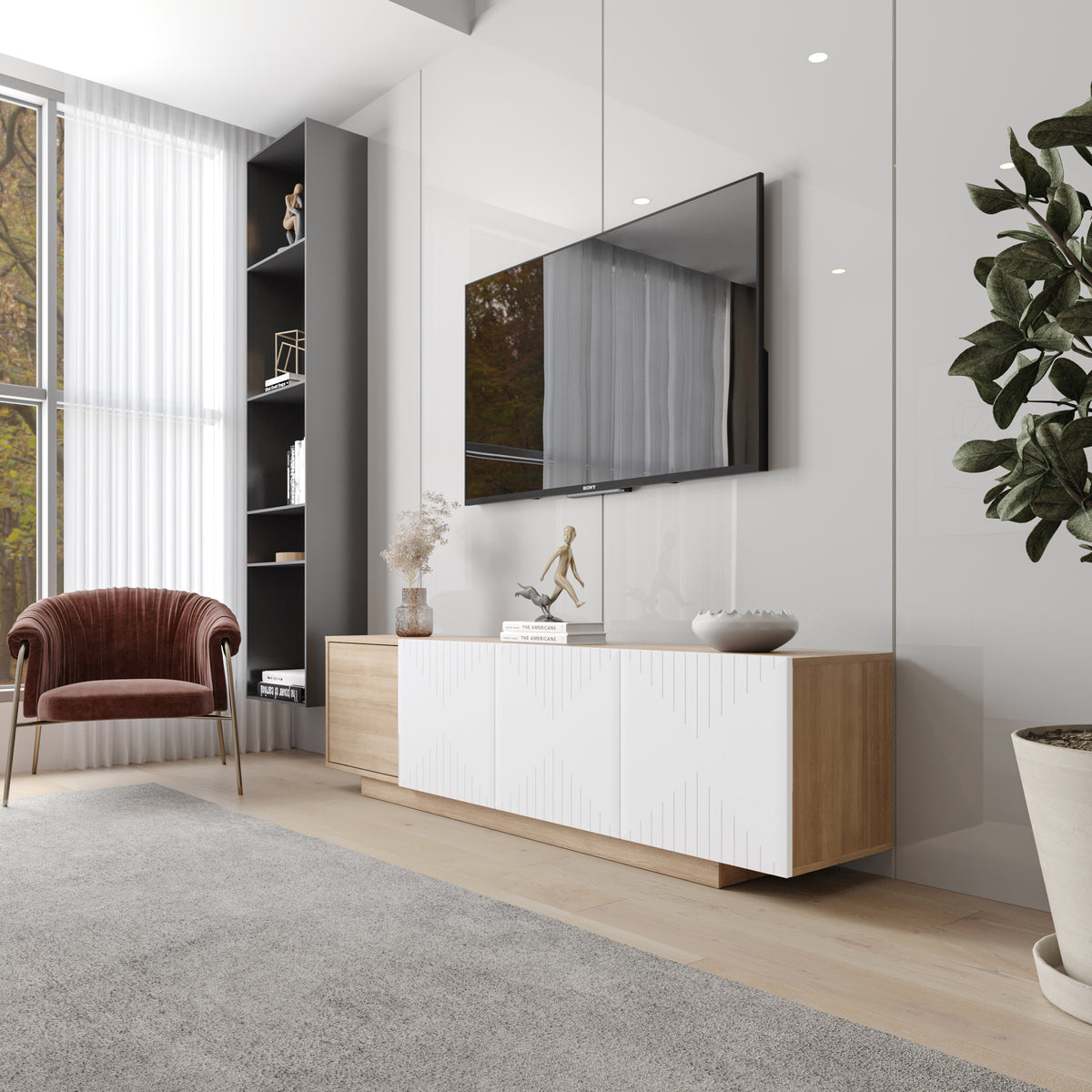 Riva Tv Stand, 72- Inch in Natural Maple – lifestyle photo 2