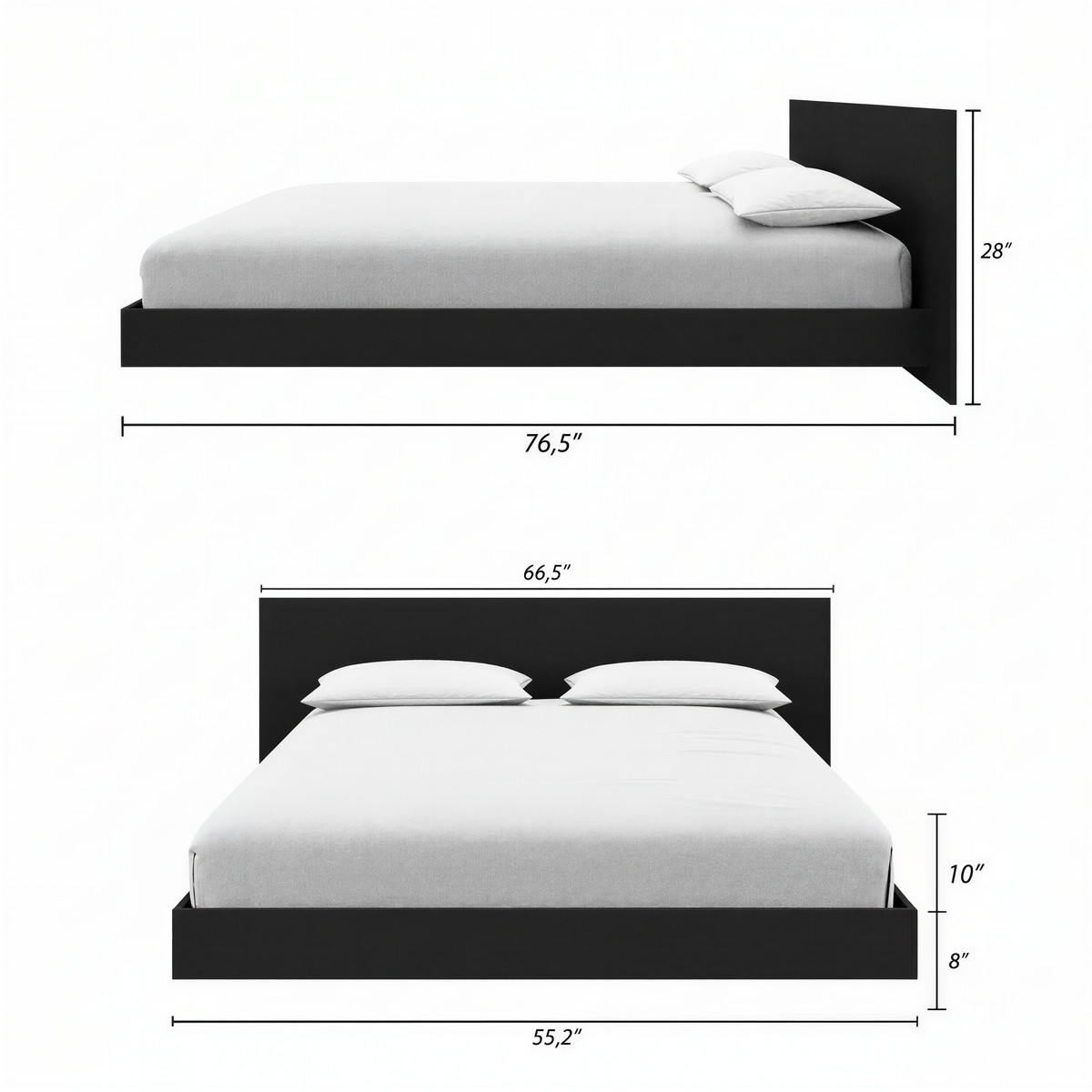 Satori Low Platform Bed Set in Black Karisma, Full/Double – dimensions diagram