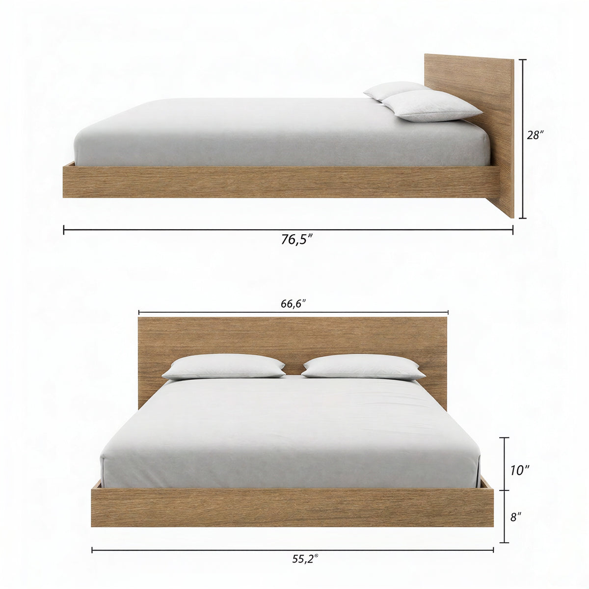 Satori Low Platform Bed Set in Brown Oak, Full/Double – dimensions diagram