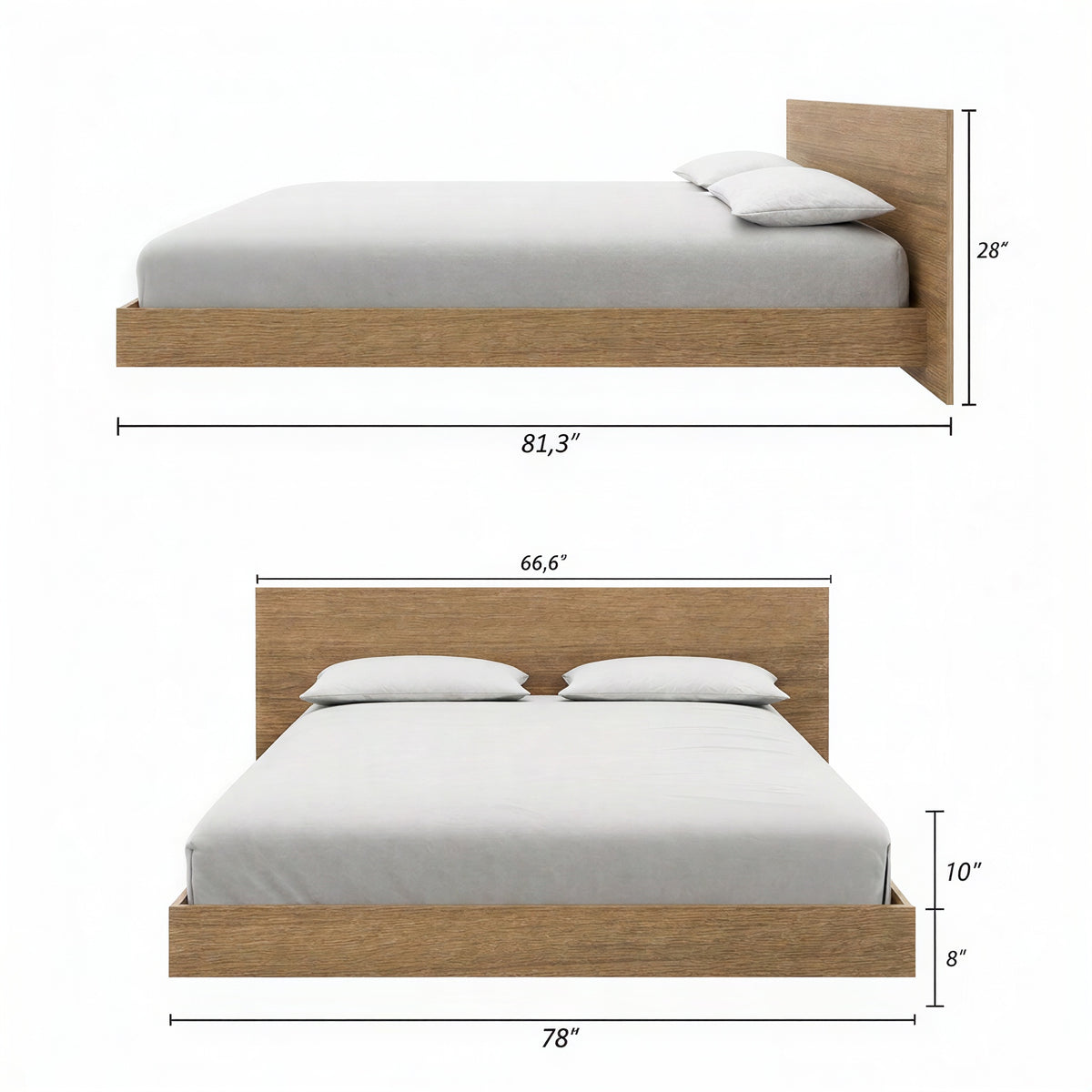 Satori Low Platform Bed Set in Brown Oak, King – dimensions diagram