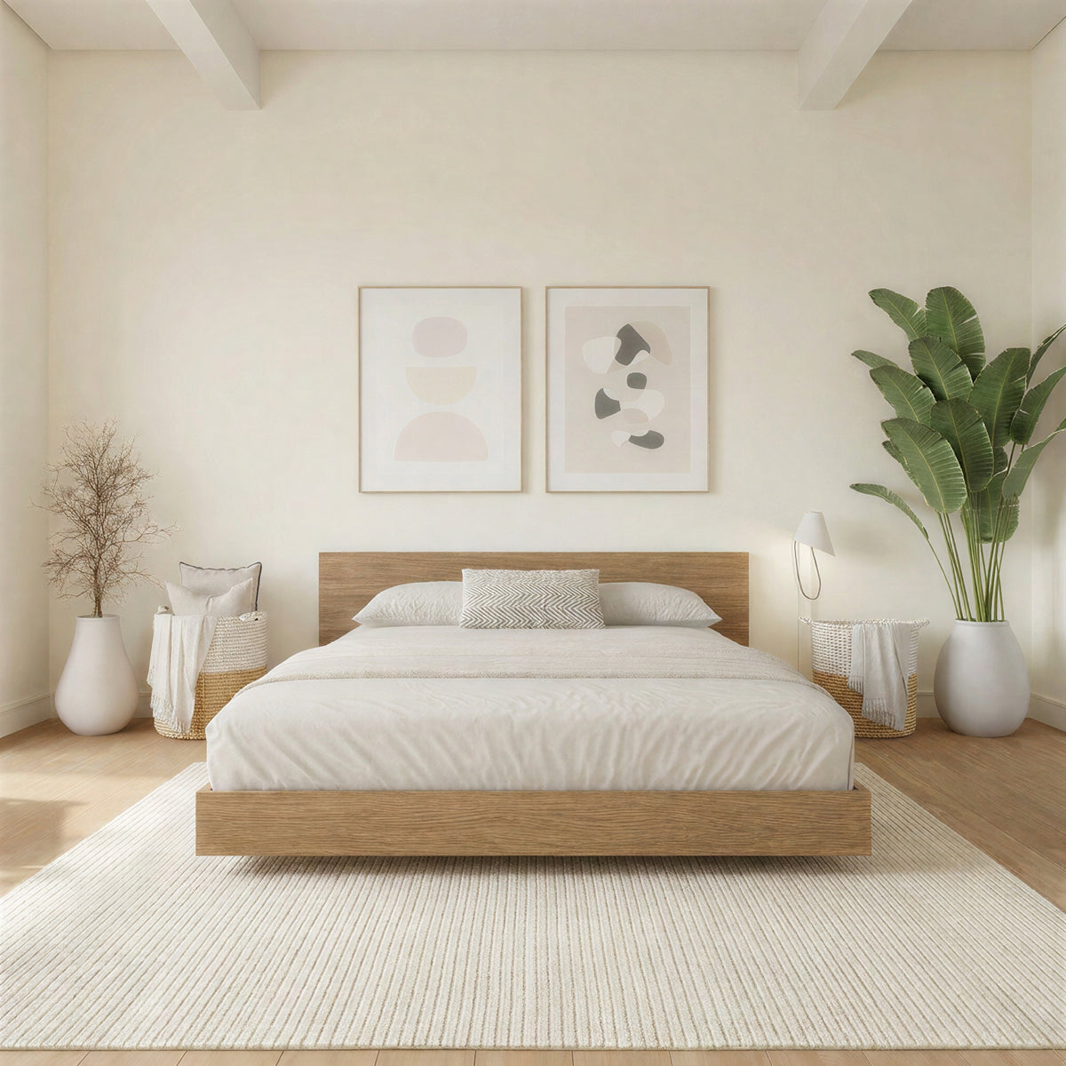 Satori Low Platform Bed Set in Brown Oak, King – lifestyle photo