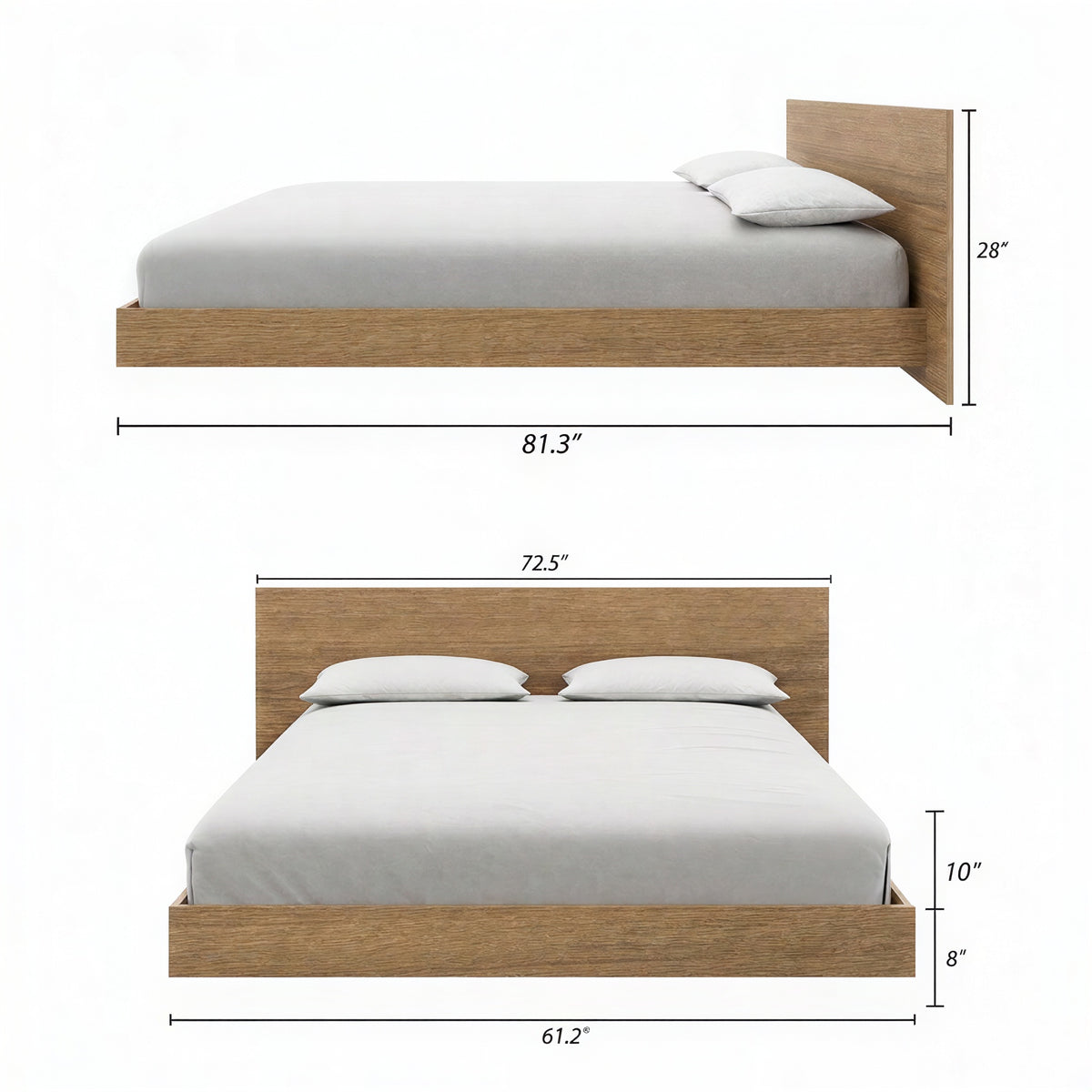 Satori Low Platform Bed Set in Brown Oak, Queen – dimensions diagram