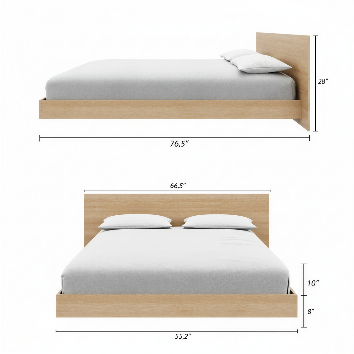 Satori Low Platform Bed Set in Natural Blonde Oak, Full/Double – dimensions diagram