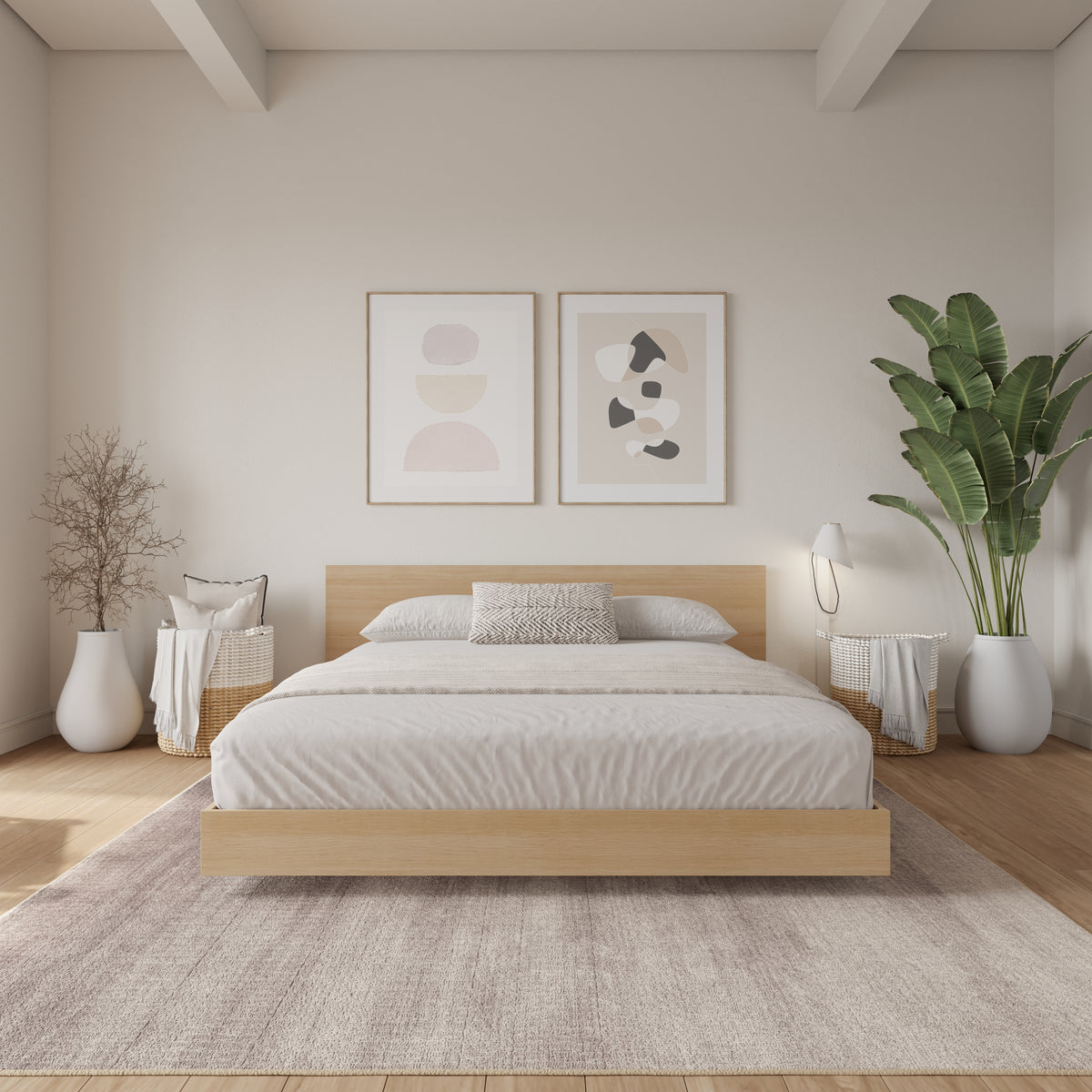 Satori Low Platform Bed Set in Natural Blonde Oak, Full/Double – lifestyle photo