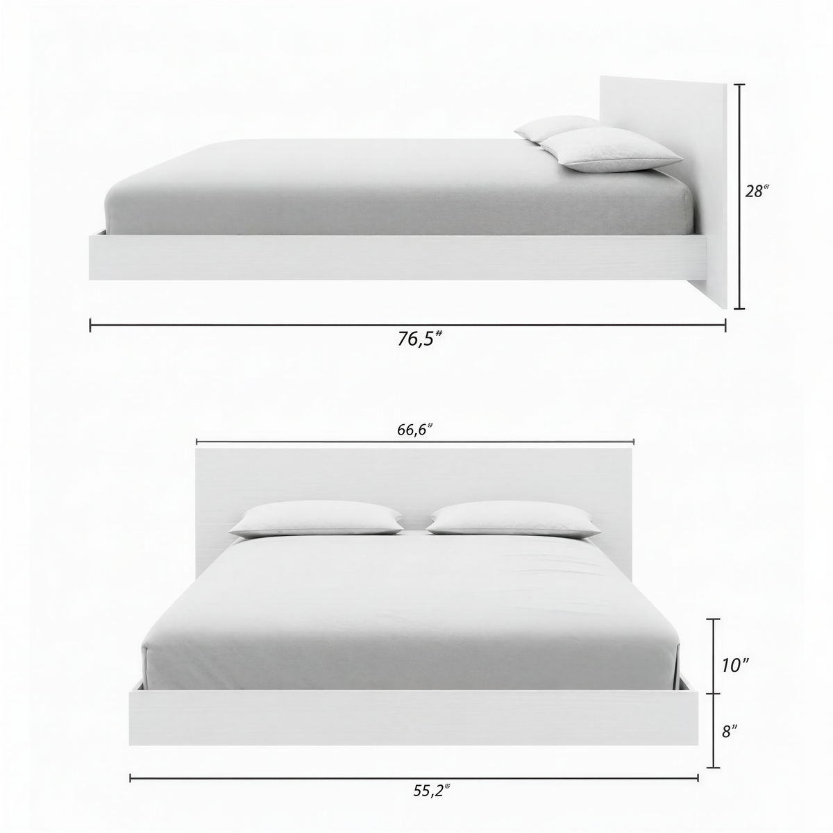 Satori Low Platform Bed Set in White Wood Grain, Full/Double – dimensions diagram