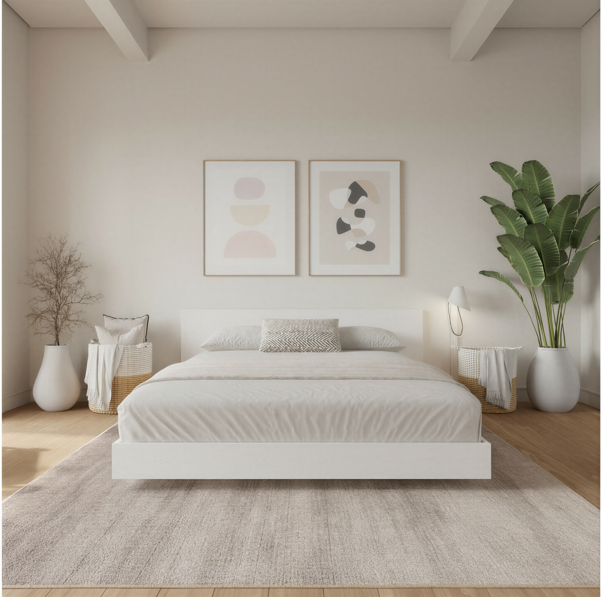 Satori Low Platform Bed Set in White Wood Grain, Full/Double – lifestyle photo