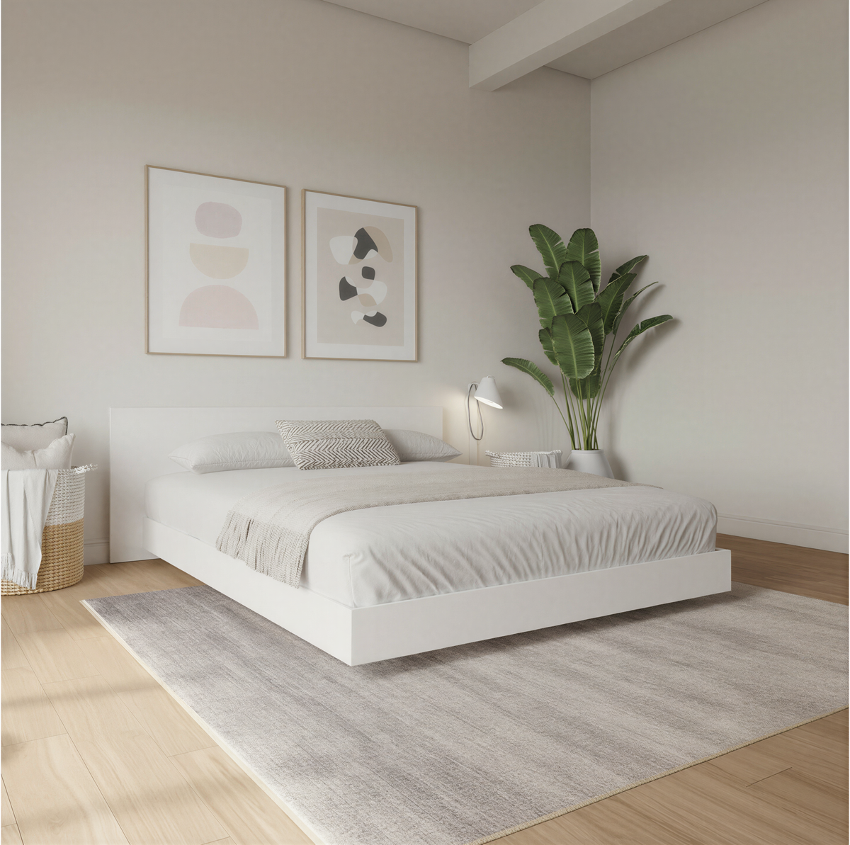 Satori Low Platform Bed Set in White Wood Grain, Full/Double – lifestyle photo 3