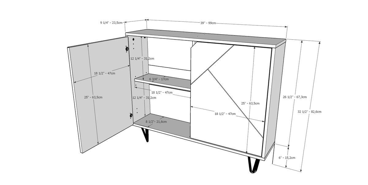 Slim 2-Door Storage Accent Cabinet, Floating And Wall Mount Bar in Black – dimensions diagram