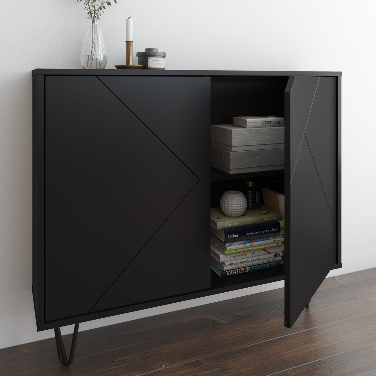 Slim 2-Door Storage Accent Cabinet, Floating And Wall Mount Bar in Black – lifestyle photo