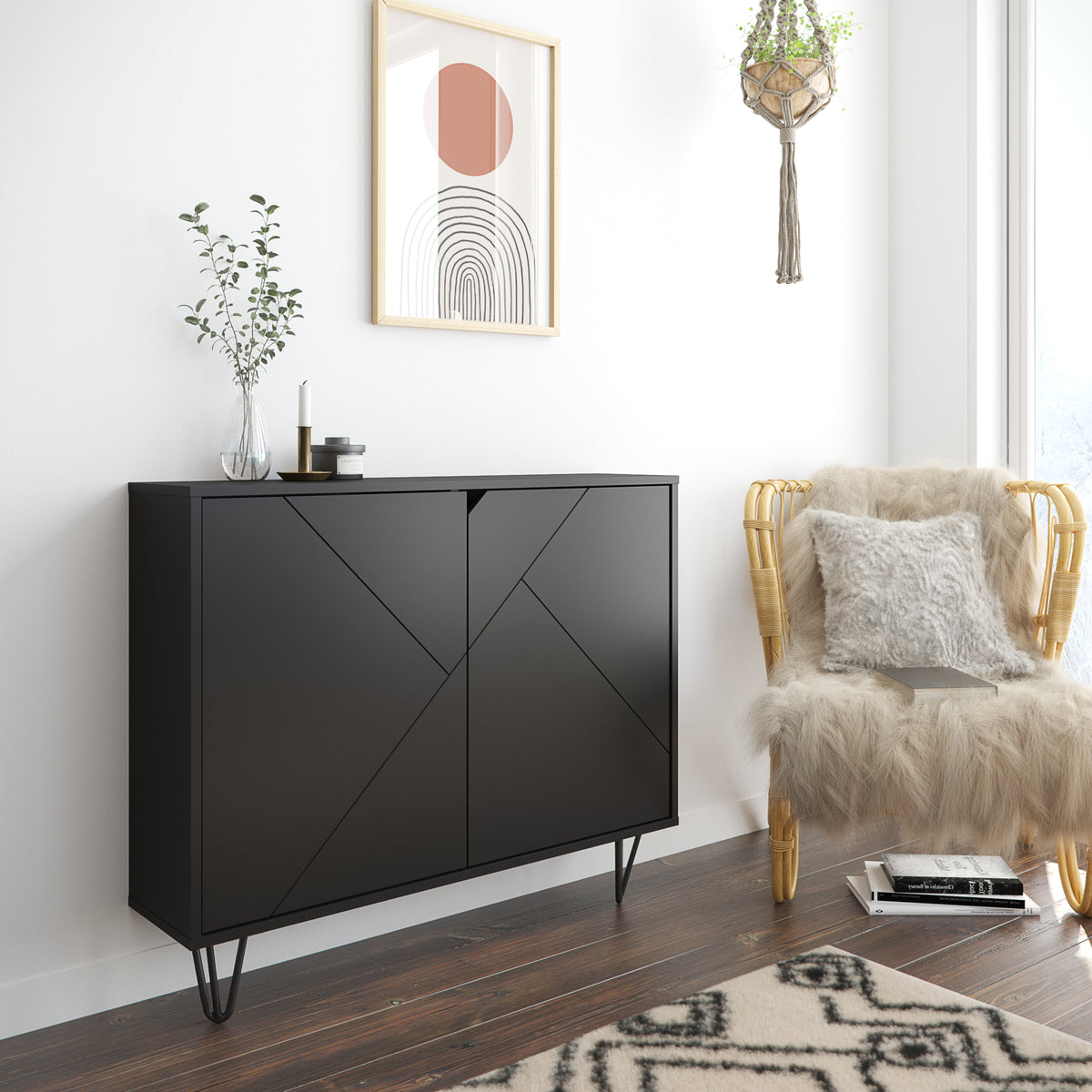 Slim 2-Door Storage Accent Cabinet, Floating And Wall Mount Bar in Black – lifestyle photo 2
