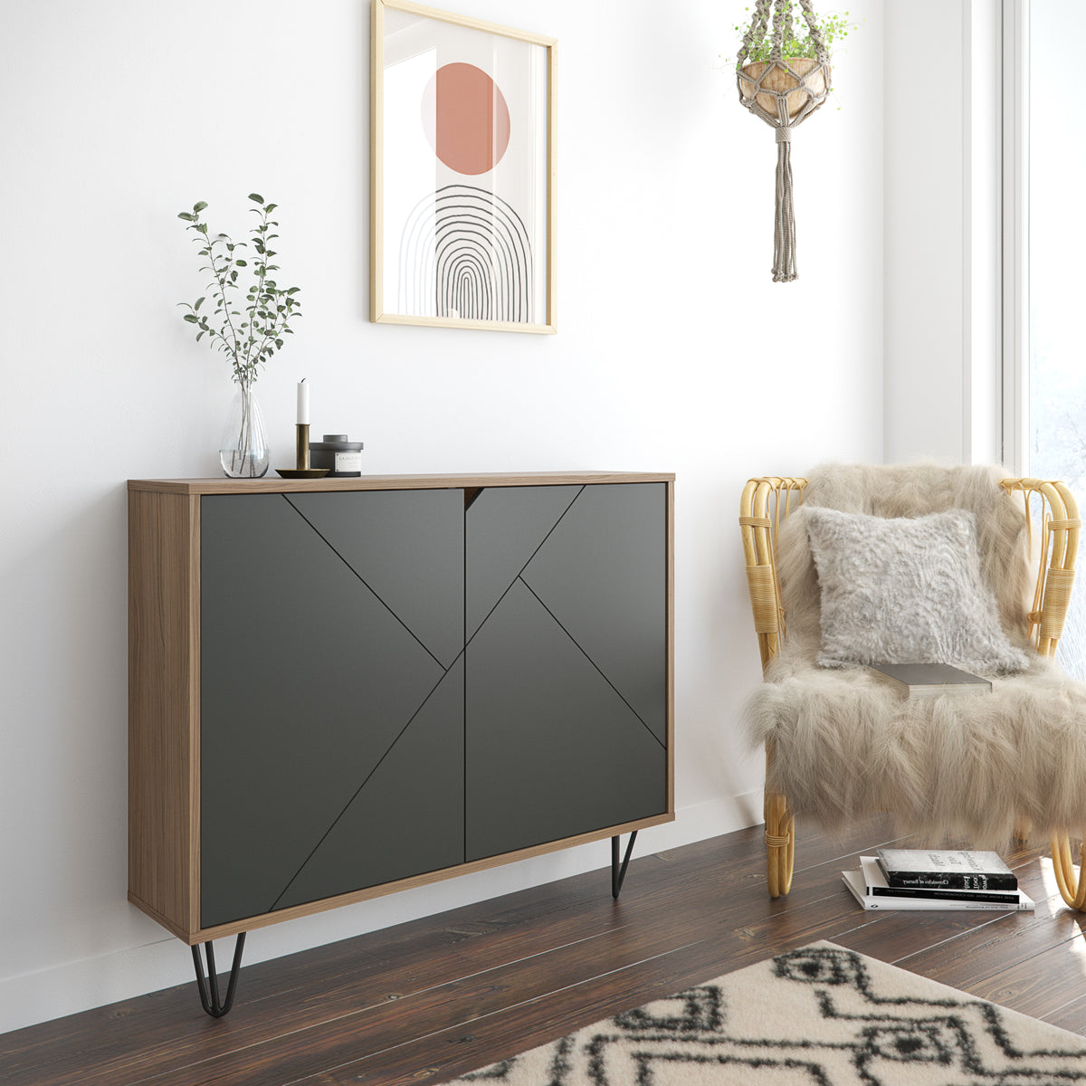 Slim 2-Door Storage Accent Cabinet, Floating And Wall Mount Bar in Nutmeg & Charcoal Grey – lifestyle photo