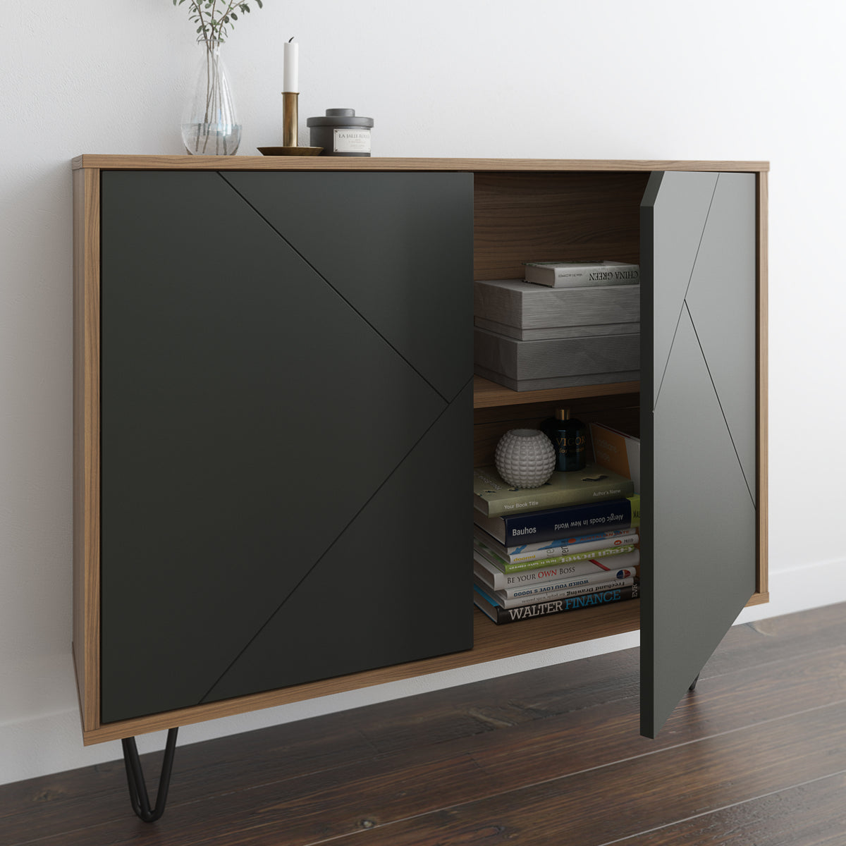 Slim 2-Door Storage Accent Cabinet, Floating And Wall Mount Bar in Nutmeg & Charcoal Grey – lifestyle photo 2