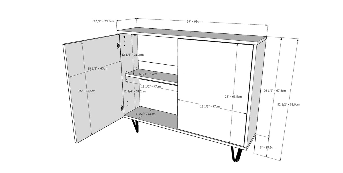 Slim 2-Door Storage Accent Cabinet, Floating And Wall Mount Bar in Walnut – dimensions diagram