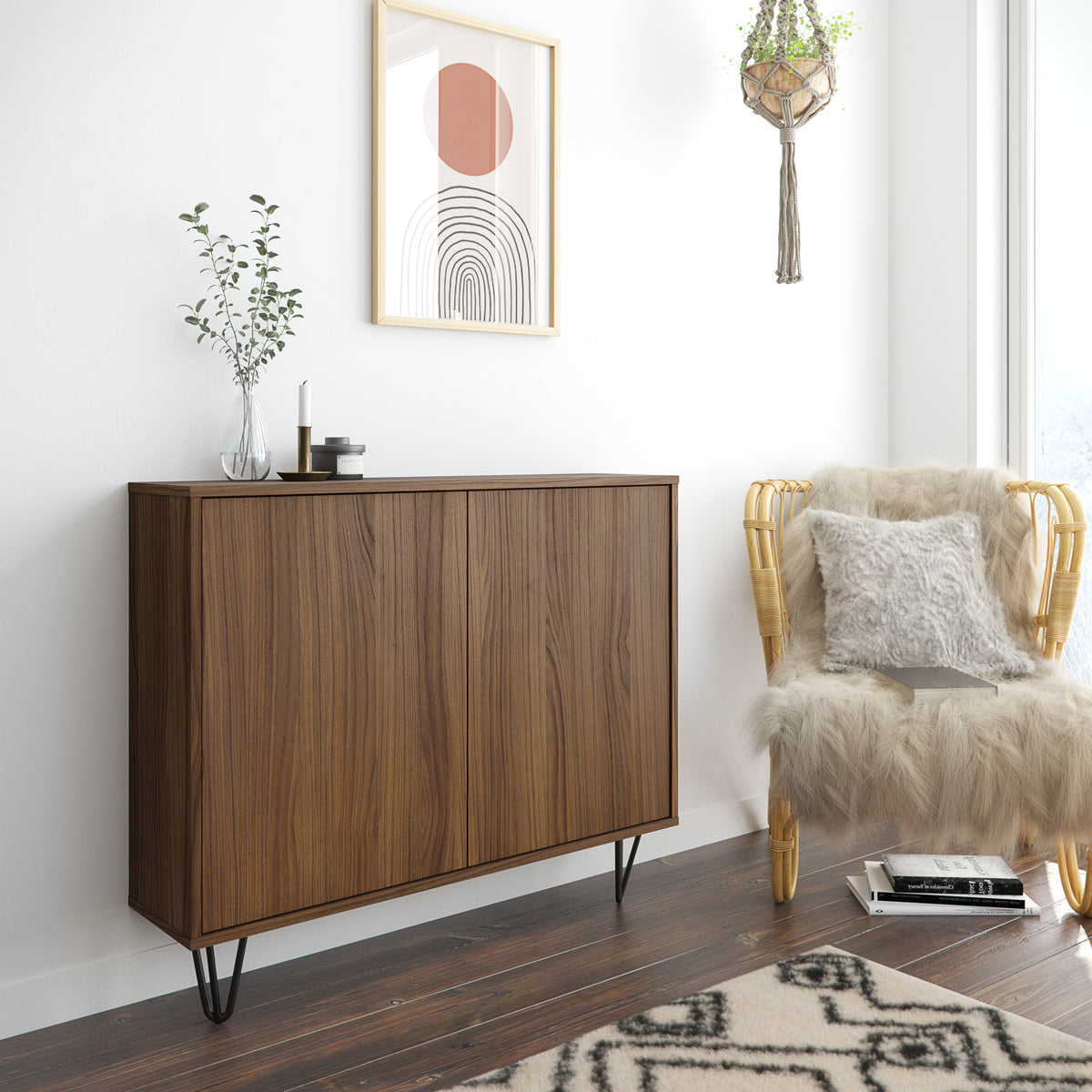 Slim 2-Door Storage Accent Cabinet, Floating And Wall Mount Bar in Walnut – lifestyle photo