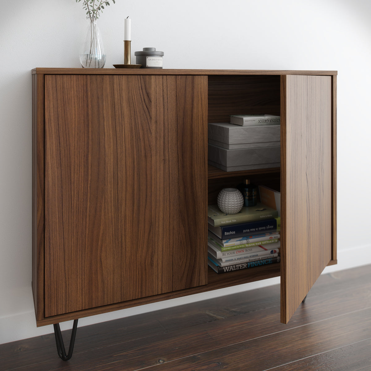 Slim 2-Door Storage Accent Cabinet, Floating And Wall Mount Bar in Walnut – lifestyle photo 2