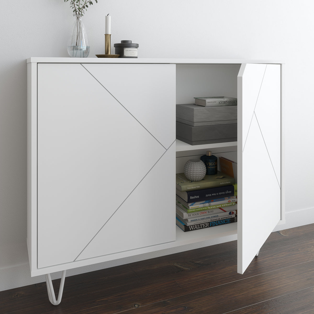 Slim 2-Door Storage Accent Cabinet, Floating And Wall Mount Bar in White – lifestyle photo