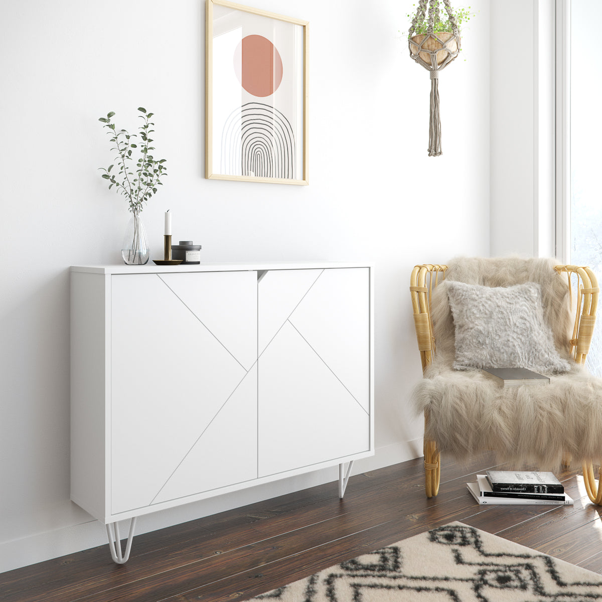 Slim 2-Door Storage Accent Cabinet, Floating And Wall Mount Bar in White – lifestyle photo 2