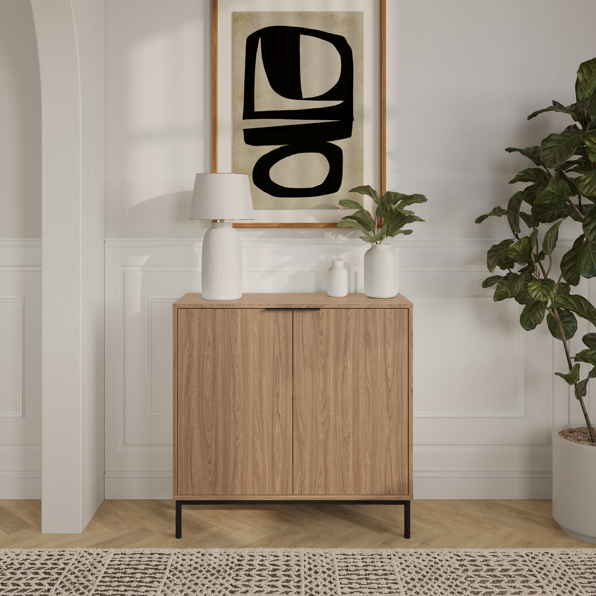 Slim 2-Door Storage Cabinet in Light Walnut – lifestyle photo
