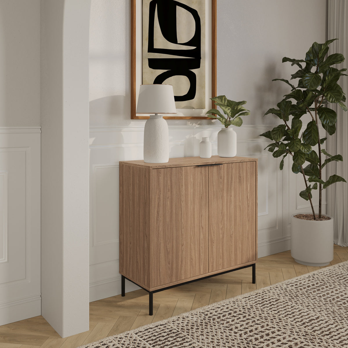 Slim 2-Door Storage Cabinet in Light Walnut – lifestyle photo 3