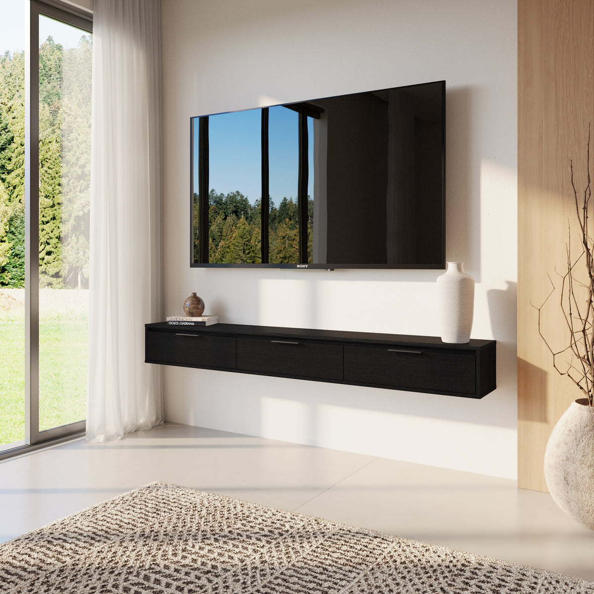 Slim 72” Wall-mounted 3-Door TV Stand with 3 Storage Cabinets in Black – lifestyle photo 2