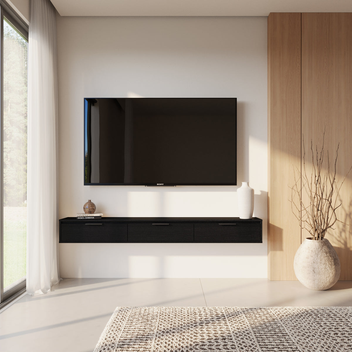Slim 72” Wall-mounted 3-Door TV Stand with 3 Storage Cabinets in Black – lifestyle photo 3