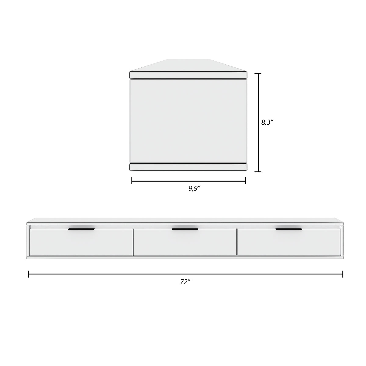 Slim 72” Wall-mounted 3-Door TV Stand with 3 Storage Cabinets in Light Walnut – dimensions diagram