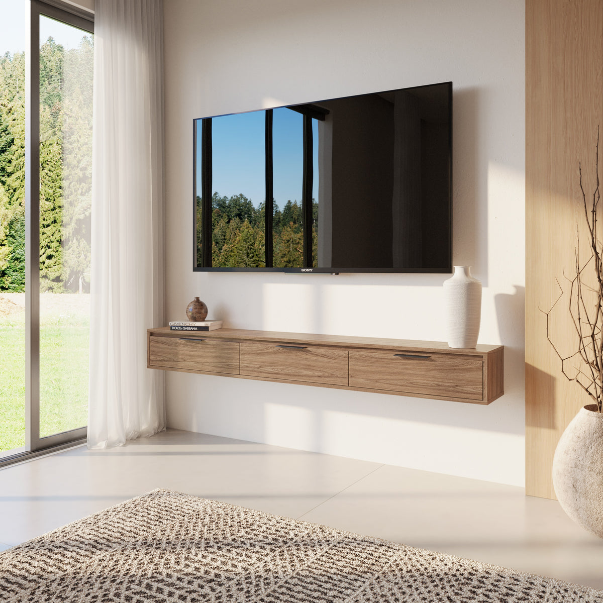 Slim 72” Wall-mounted 3-Door TV Stand with 3 Storage Cabinets in Light Walnut – lifestyle photo 2