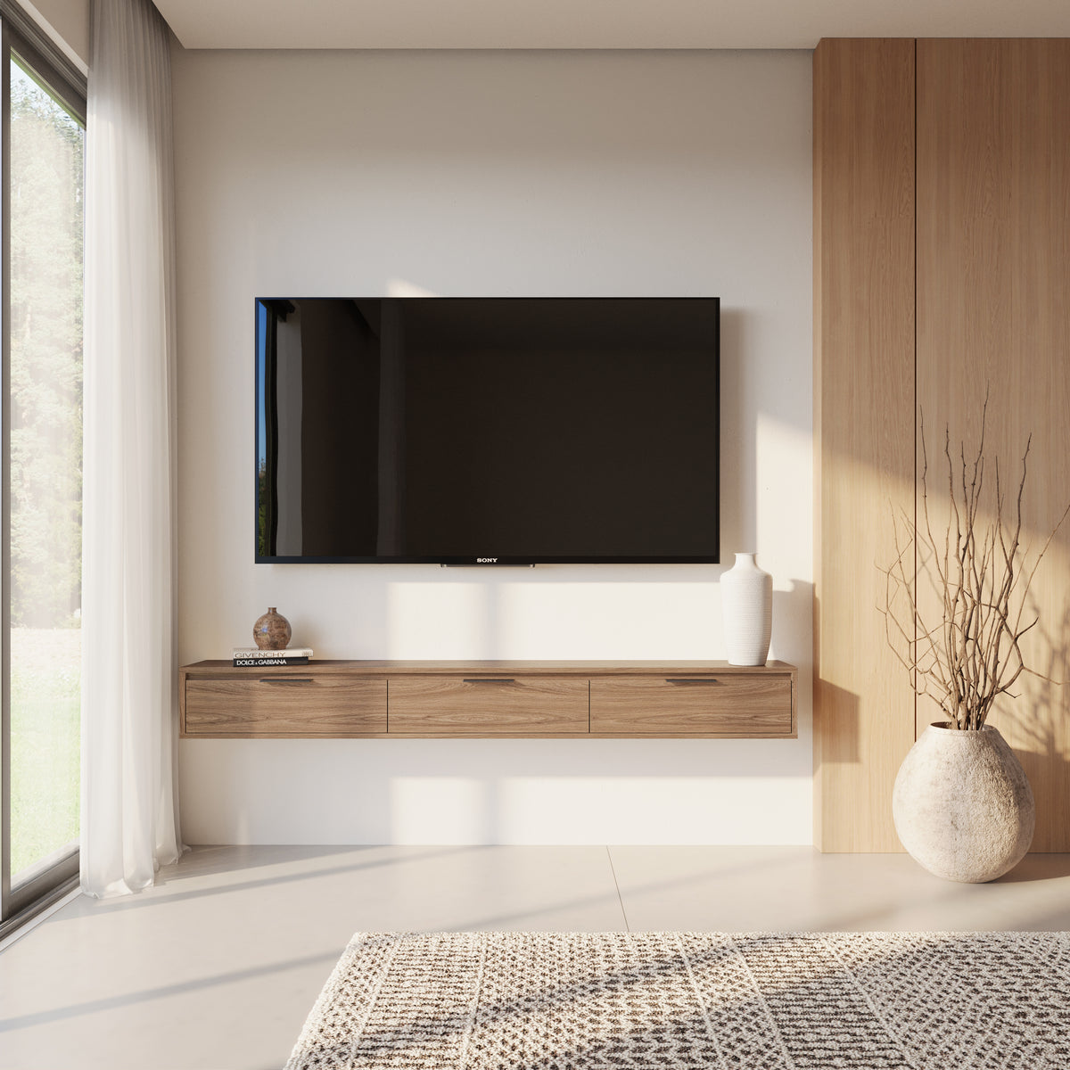 Slim 72” Wall-mounted 3-Door TV Stand with 3 Storage Cabinets in Light Walnut – lifestyle photo 3