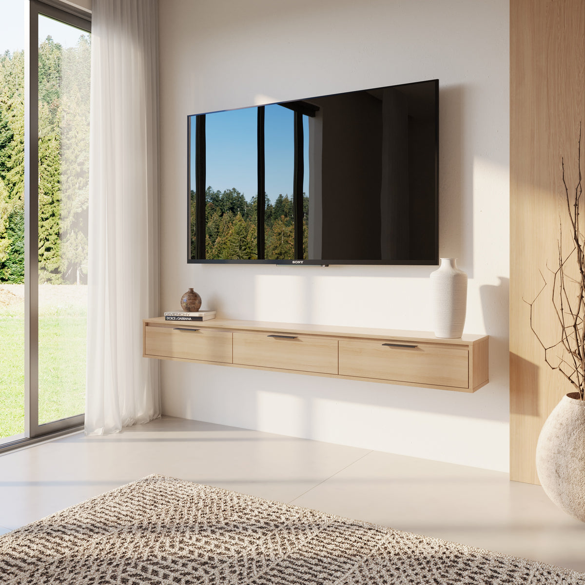 Slim 72” Wall-mounted 3-Door TV Stand with 3 Storage Cabinets in Natural Blonde Oak – lifestyle photo 2