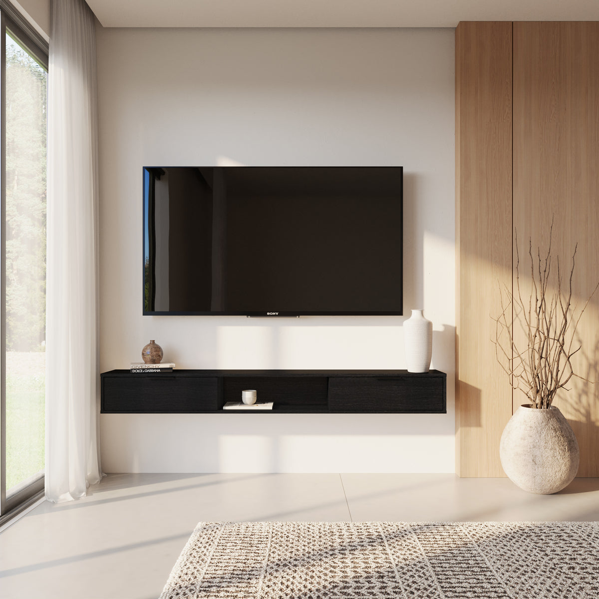Slim 72” Wall-mounted TV Stand with 2 Storage Cabinets in Black – lifestyle photo 2